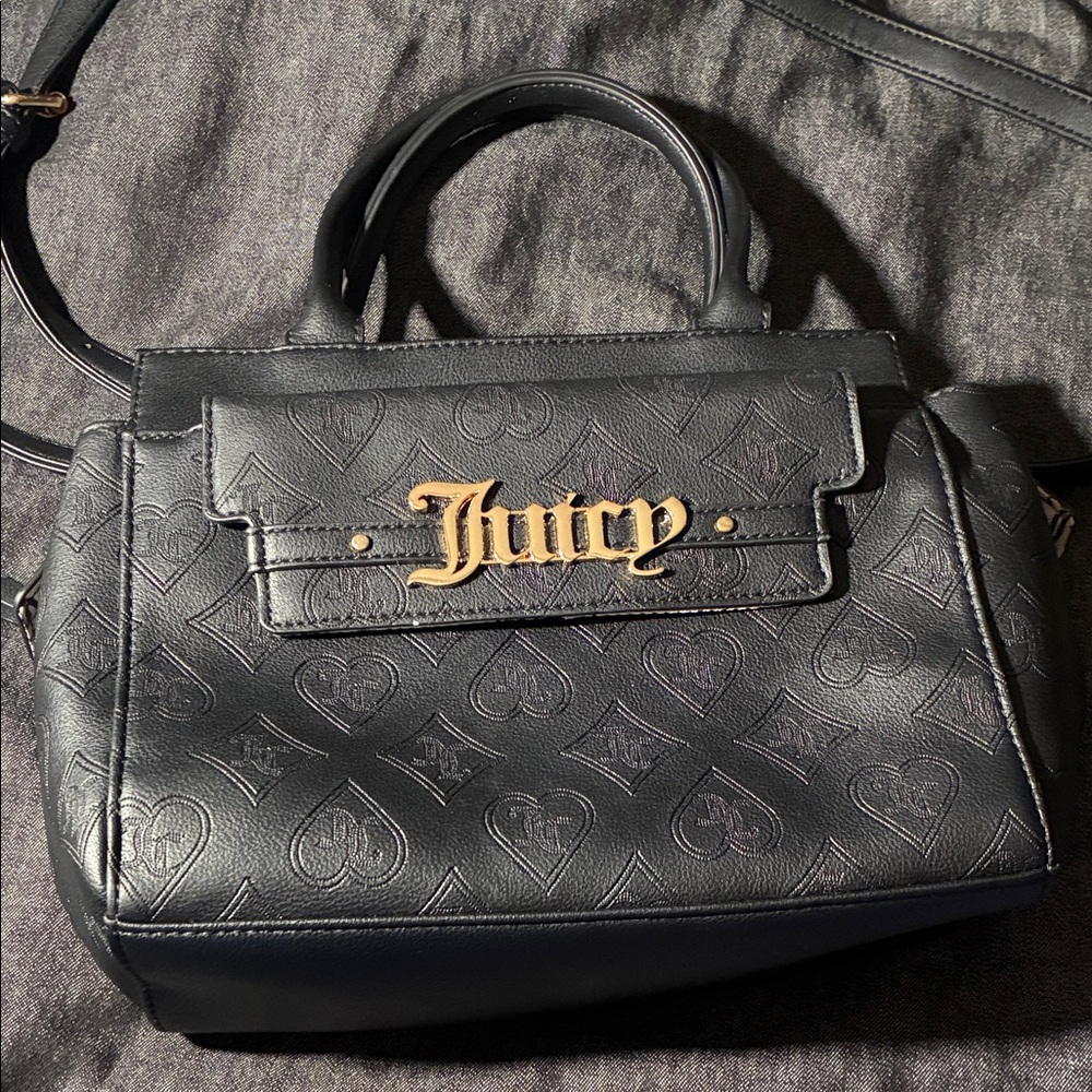 Juicy Couture Black Embossed Heart Monogram Satchel with Gold 'Juicy' Plaque